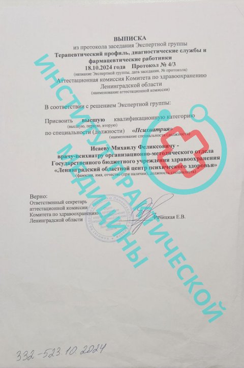 Выписка из протокола заседания экспертной группы о присвоении квалификационной категории — Исаев Михаил Феликсович